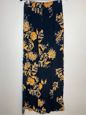 Dark Blue Floral Pants with Yellow Accent
